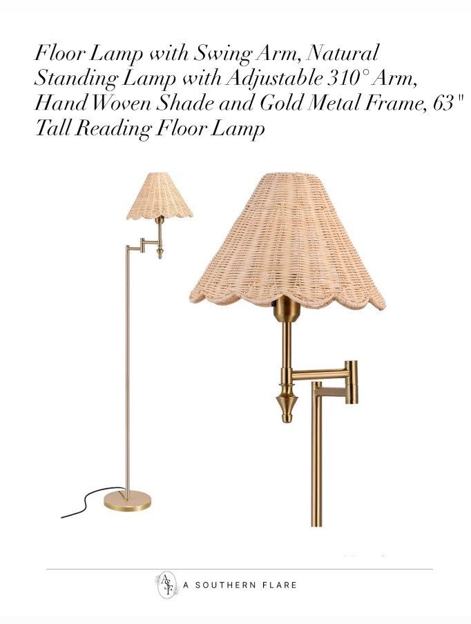 Boho Rattan Floor Lamp with Swing Arm, Natural Standing Lamp with Adjustable 310° Arm, Hand Woven Shade and Gold Metal Frame, 63" Tall Reading Floor Lamp for Living Room Bedroom Reading Nook