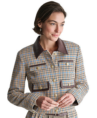 Women's Cropped Collared Plaid Trucker Jacket | Macy's
