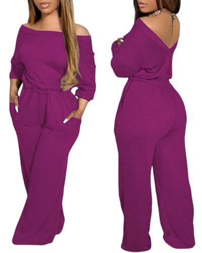 CHICME Off Shoulder Jumpsuits for Women Long Sleeve Wide Leg Dressy Overalls (Hot Pink, L) | Amazon (US)