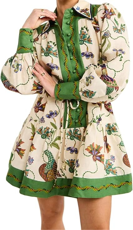 Qikaka Women's Long Puff Sleeve Lapel V Neck Button Printed Bodycon Sexy Nightclub Party Holiday ... | Amazon (US)