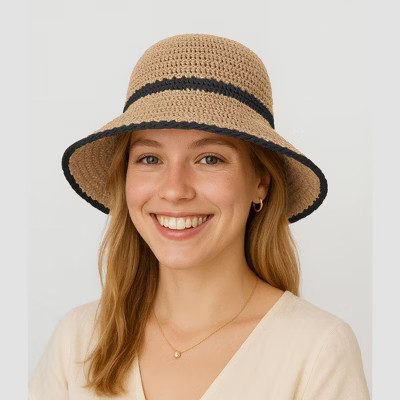 Anna-Kaci Packable Crochet Straw Bucket Hat with Two-Tone Design Lightweight Summer Sun Hat for Beach Travel Hiking Outdoor Use - Beige&Black | Target
