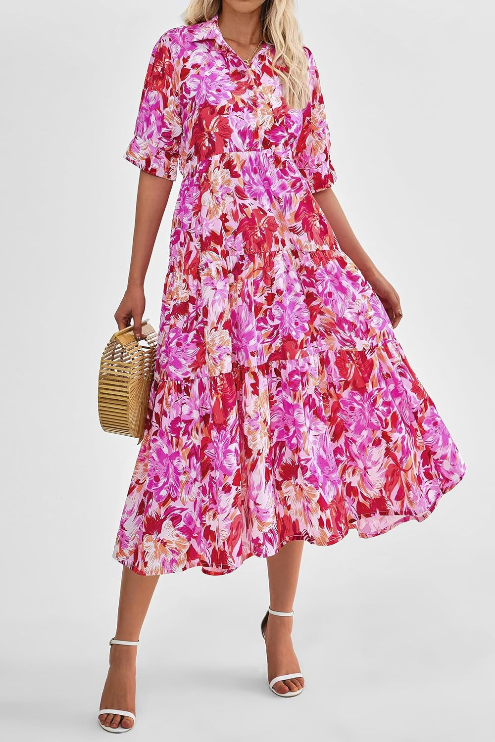 PRETTYGARDEN Summer Dress for Women Short Sleeve Button Up Ruffle A Line Flowy Maxi Dresses | Amazon (US)