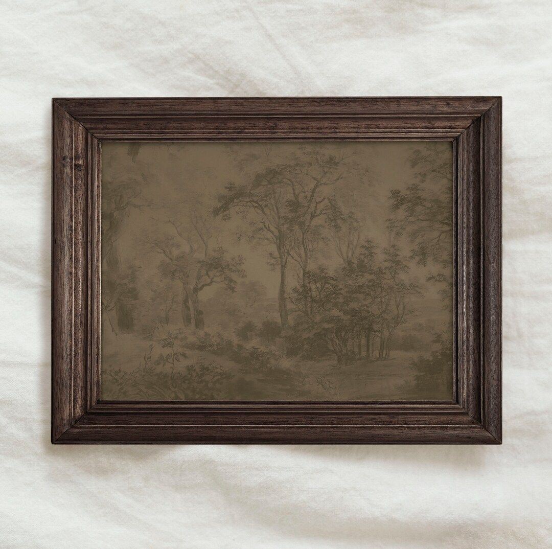 Vintage Foggy Forest Print / Minimalist Antique Wall Art PRINTABLE / Dark Brown Tree Painting | P... | Etsy (US)