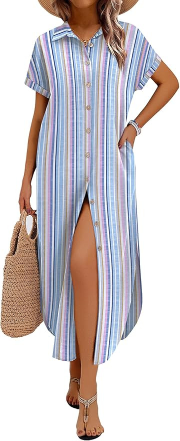Zeagoo Womens Summer Casual Short Sleeve Button Down Long Shirt Dresses Loose Swimsuit Beach Cove... | Amazon (US)