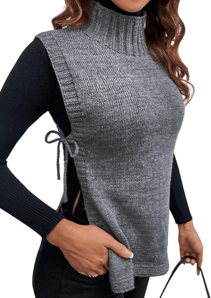 MakeMeChic Women's Sleeveless High Neck Tie Side Split Hem Sweater Vest Knit Tops | Amazon (US)