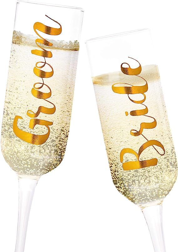 Juvale 2-Pack Gold Glass Groom and Bride Champagne Wedding Flutes, 8 Ounces | Amazon (US)