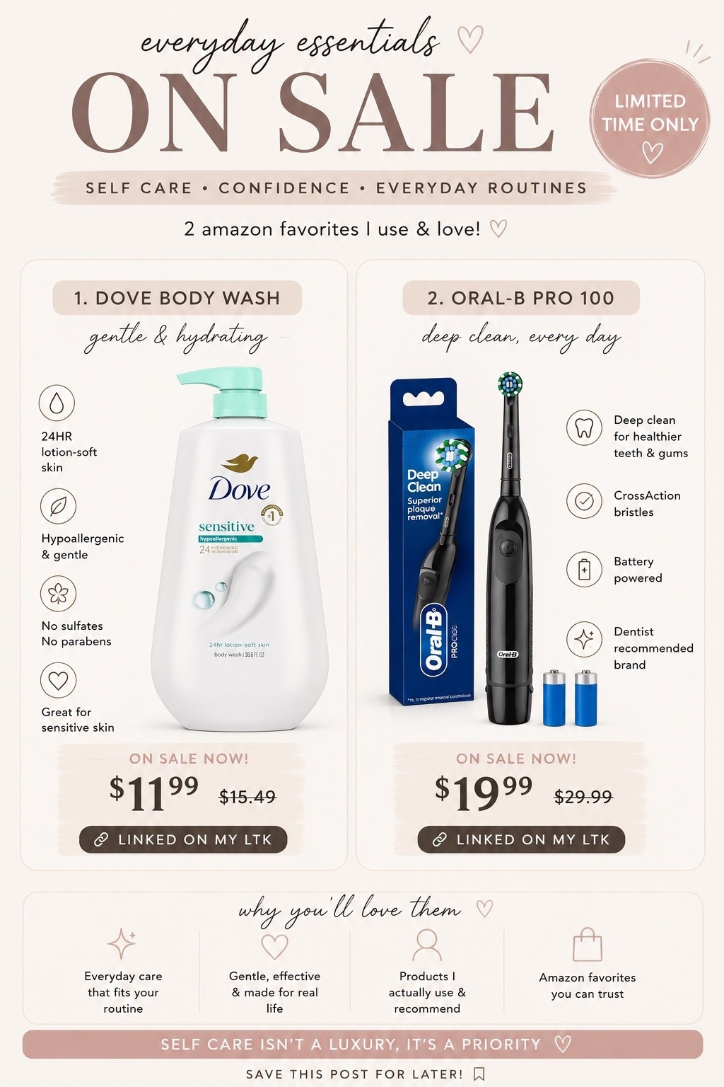 Amazon self-care finds I swear by lately 🤍✨

These are the everyday products I keep repurchasing because they actually WORK and make my routines feel easier. Plus they’re both on sale right now 🙌

🧴 Dove Sensitive Body Wash
— gentle, hydrating & perfect for sensitive skin
— leaves my skin soft without feeling stripped

🪥 Oral-B Pro 100 Electric Toothbrush
— makes such a difference for a deep clean
— easy, affordable & dentist-approved

Little upgrades that make everyday routines feel better 🫶 Linked on my LTK before the sale ends!

#LTKSaleAlert #LTKBeauty #LTKHome #AmazonFinds #SelfCareEssentials #DoveBodyWash #OralB #AmazonDeals #EverydayEssentials #SelfCareRoutine #AffordableBeauty #HygieneFavorites #GlowRoutine #SaleFinds #DailyFavorites #SalomeMorel