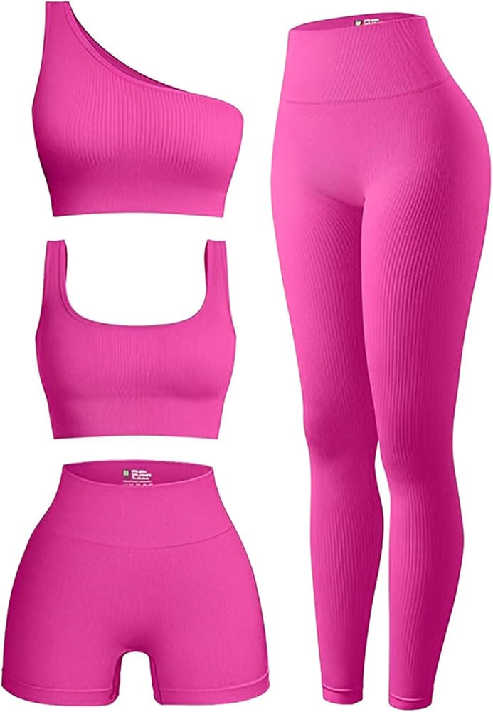 4 Piece Workout Sets For Women Ribbed Leggings Clothes Yoga Sets Active Wear Matching Work Out Se... | Amazon (US)