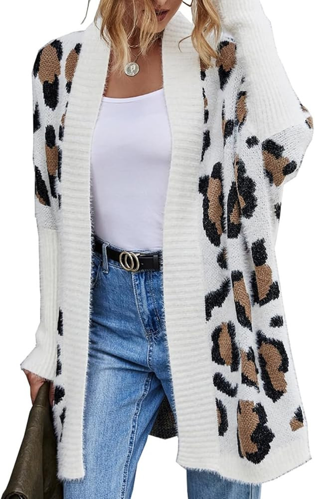 Women's Khaki Leopard Print Open Front Cardigan, Loose Fit Mid-Length Knit Animals Printed Sweate... | Amazon (US)