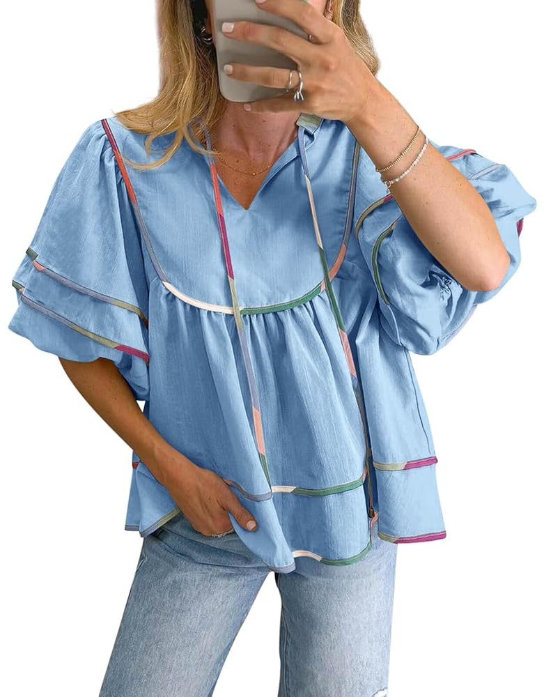 Cicy Bell Womens Summer Babydoll Tops V Neck Short Lantern Sleeve Shirts Cute Loose Fit Peplum Fl... | Amazon (US)