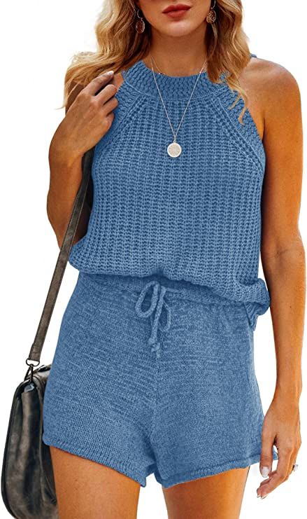 Ybenlow Womens Two Piece Outfits Summer High Neck Sleeveless Knit Sweater Tank Tops with Drawstri... | Amazon (US)