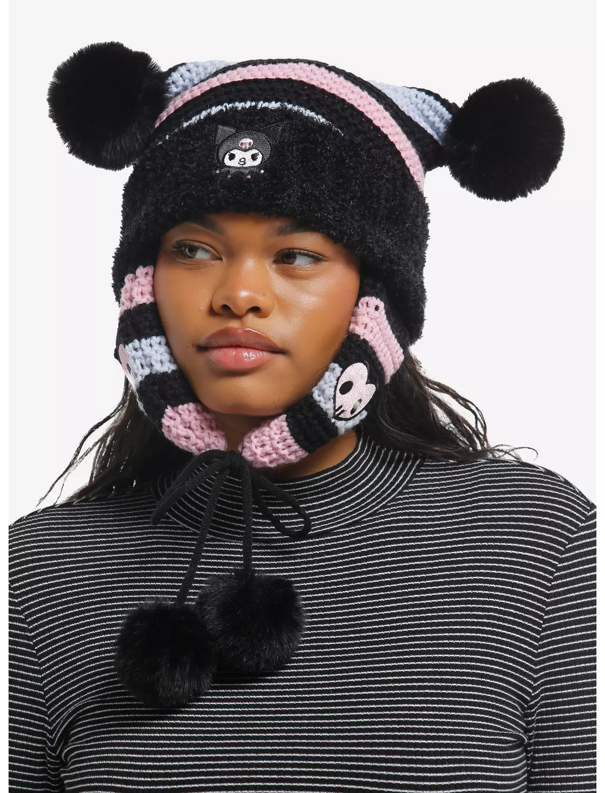 Kuromi Pastel Stripe Subtle Ear Tassel Beanie | Hot Topic