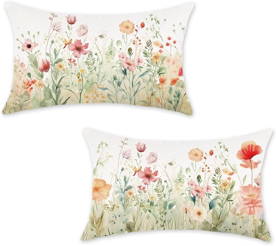 ONWAY Spring Summer Lumbar Pillow Covers 12x20 Inch Set of 2 Floral Colorful Watercolor Flowers D... | Amazon (US)