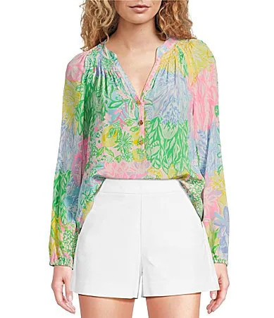 Lilly Pulitzer Elsa Multi Bright Delight Patch Print Split V-Neck Long Sleeve Blouse - L | Dillard's