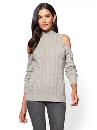 Cold-Shoulder Cable-Knit Tunic Sweater | New York & Company
