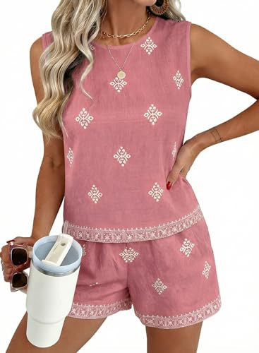 SHEWIN Two Piece Sets for Women Summer Casual Tank Tops and Shorts Loose Lounge Set Matching Sets Womens Clothing Lightweight Summer Outfits for Women,(US 4-6) S,Pink | Amazon (US)