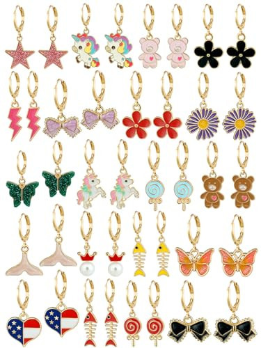 Cute Hypoallergenic Gold Hoop Dangle Earrings for Girls Kids Trendy Statement 14k Gold Charms Huggie Hoop Earrings Girls (20 Pairs) | Amazon (US)