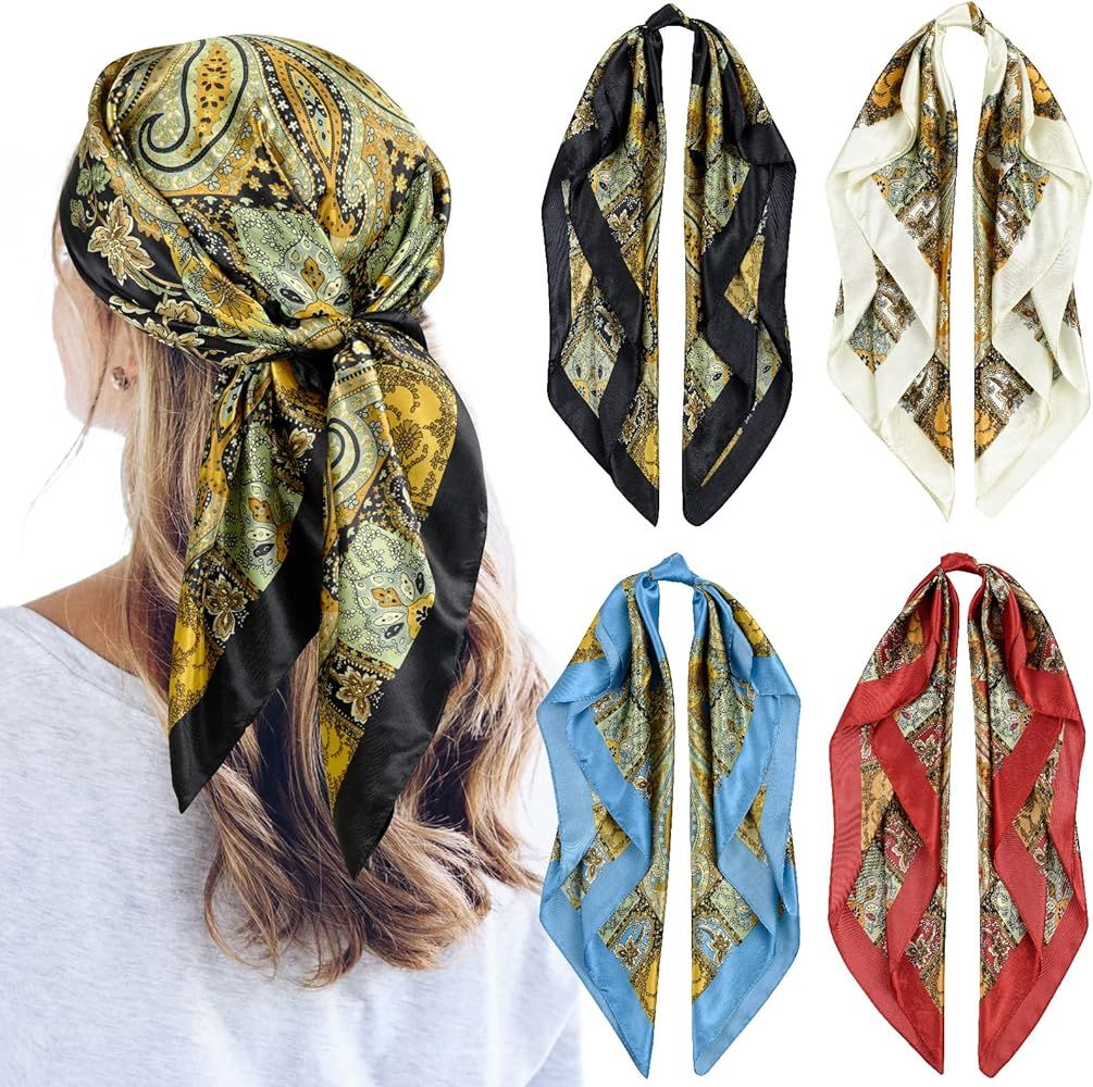 QBSM 4 Pcs 35'' Satin Head Scarf Silk Feeling Neck Scarves Hair Wrap for Sleeping Large Square He... | Amazon (US)