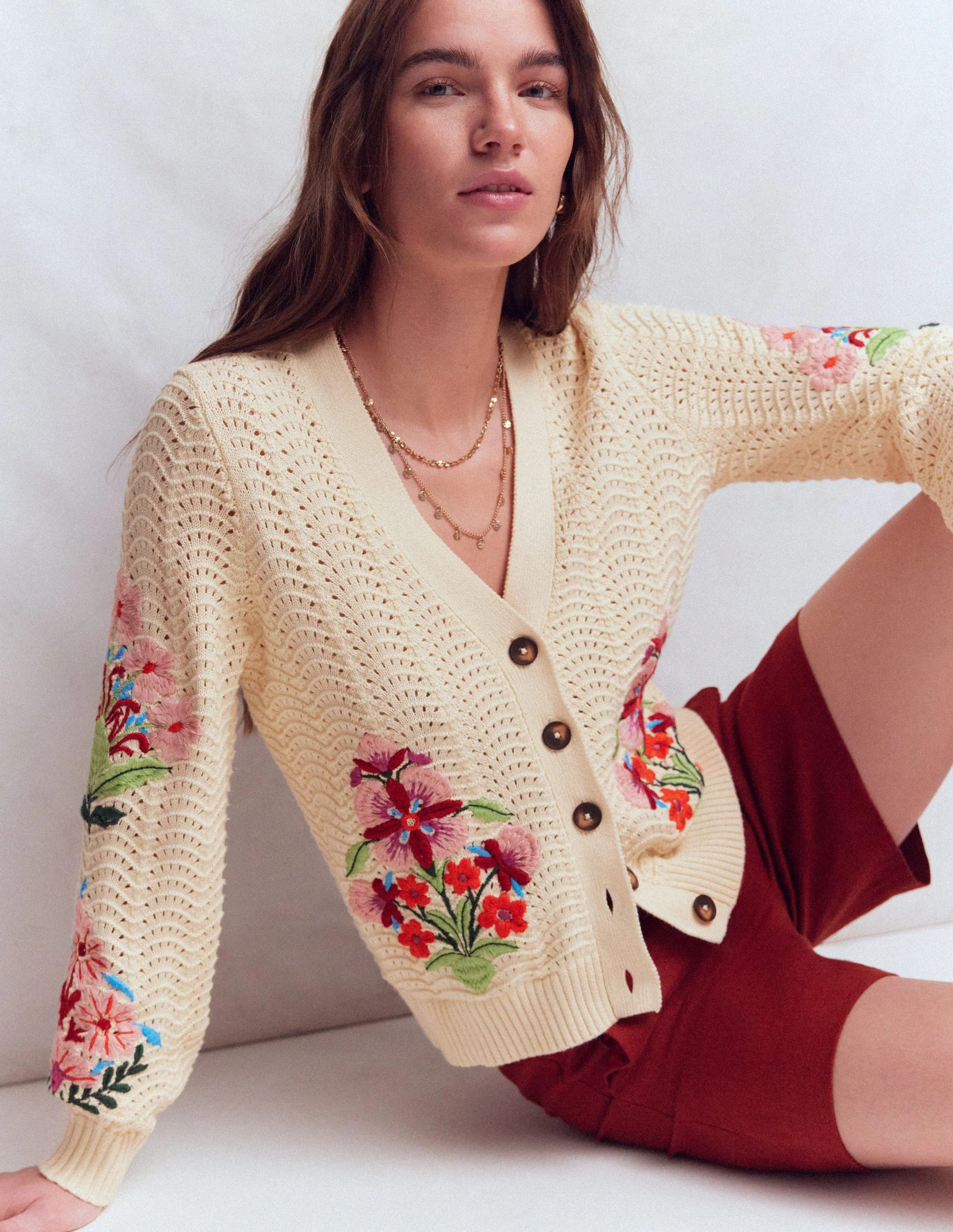 Relaxed Cotton Stitch Cardigan-Ivory, Embroidery | Boden (US)