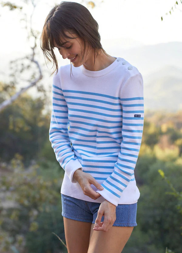 AVIGNON - Striped Sweater With Button Shoulder in Organic Cotton (WHITE / LIGHT BLUE) | Saint James USA