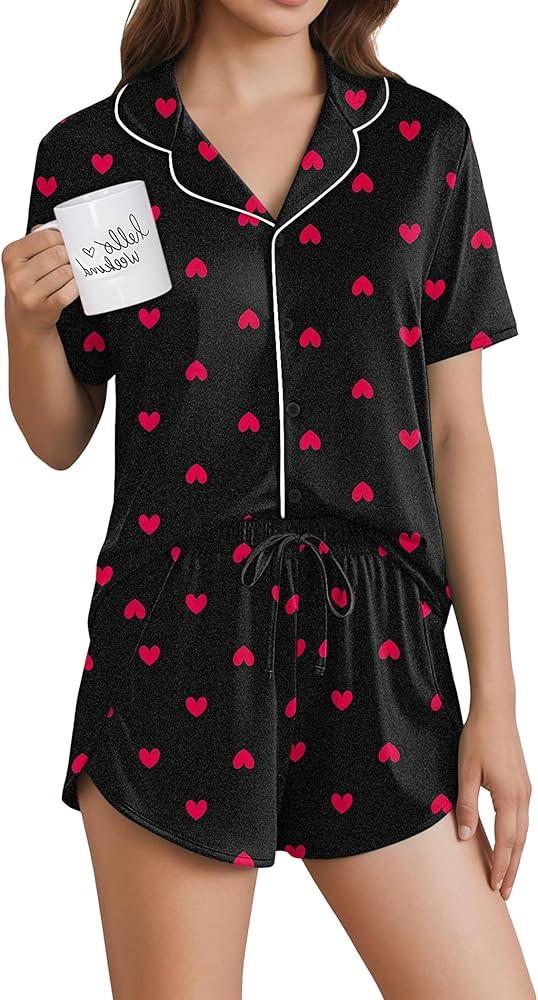 Ekouaer Pajamas for Women Set Button Up Sleepwear 2 Piece Pjs Lounge Set Short Sleeve Nightwear | Amazon (US)