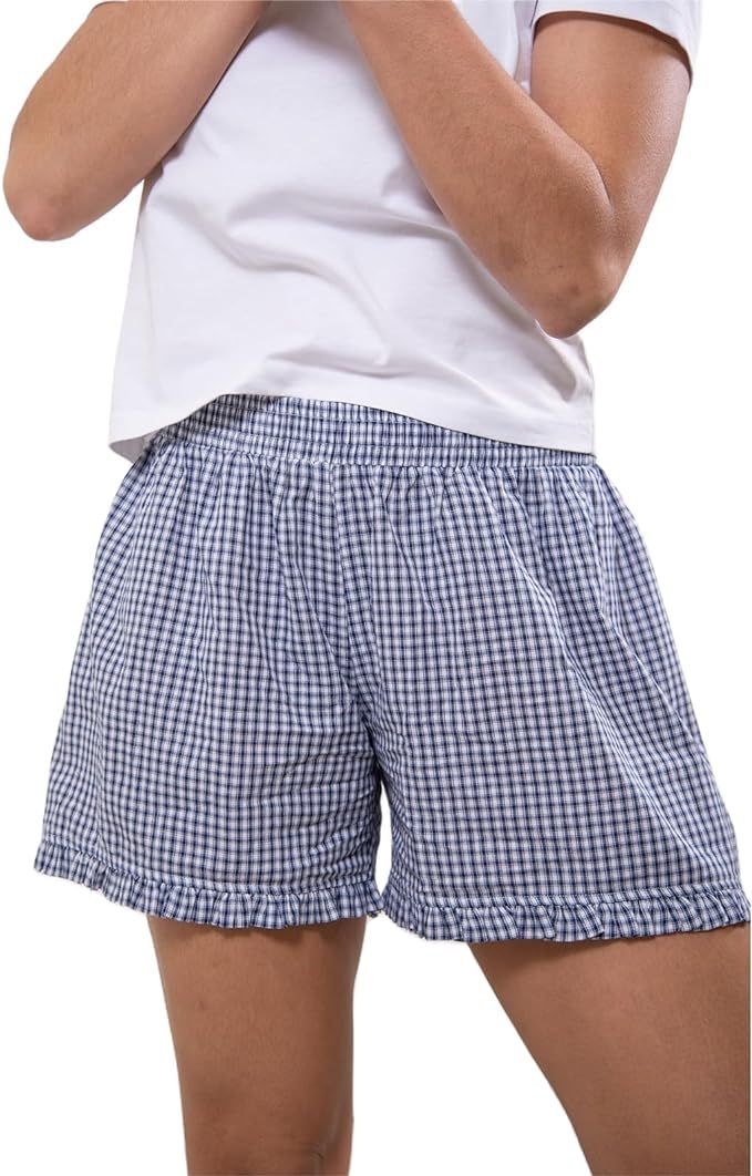 Y2k Womens Ruffle Boxer Shorts Plaid Gingham Print Lounge Pajama Shorts Cute Striped Checkered Sl... | Amazon (US)