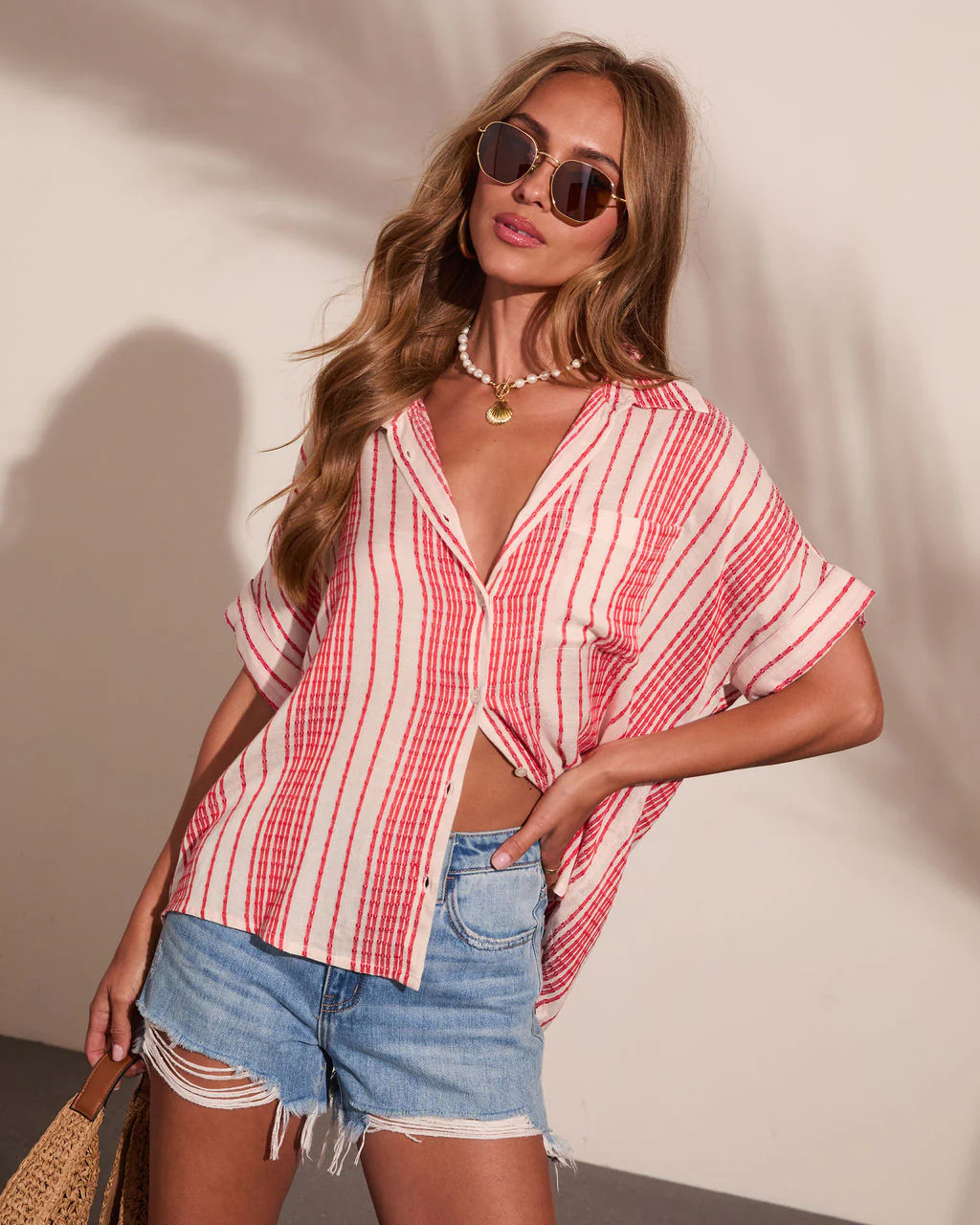 Libertee Embroidered Striped Button Down Top - Red Multi / M | VICI