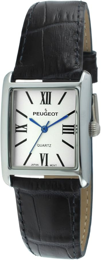 Peugeot Women's Silver-Tone Tank Shape Leather Dress Watch with Roman Numerals, Black | Amazon (US)