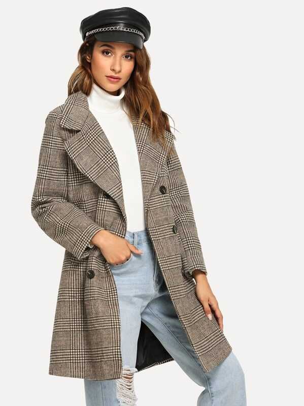 Double Breasted Wales Check Coat | SHEIN