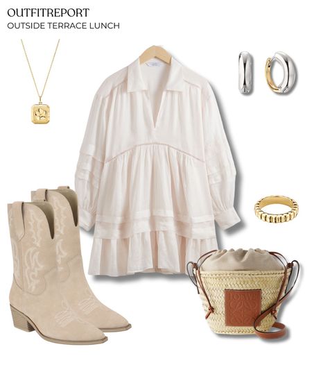 White dress cowboy boots and handbag with gold jewellery summer spring outfit for lunch outside 

#LTKbag #LTKshoes #LTKstyletip