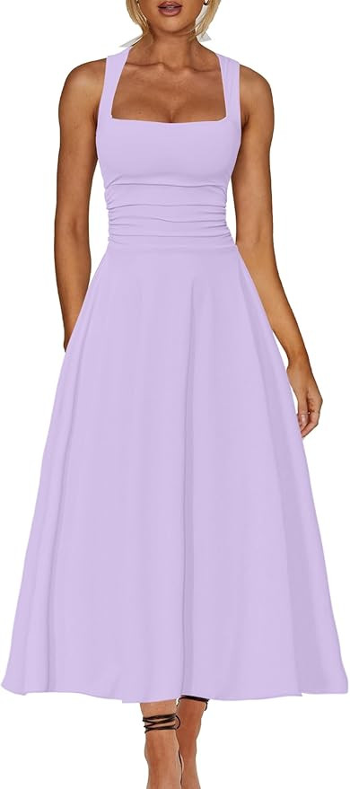 Kaximil Women's Square Neck Corset A Line Maxi Dress Ruffle Ruched Waist Flowy Long Dresses | Amazon (US)