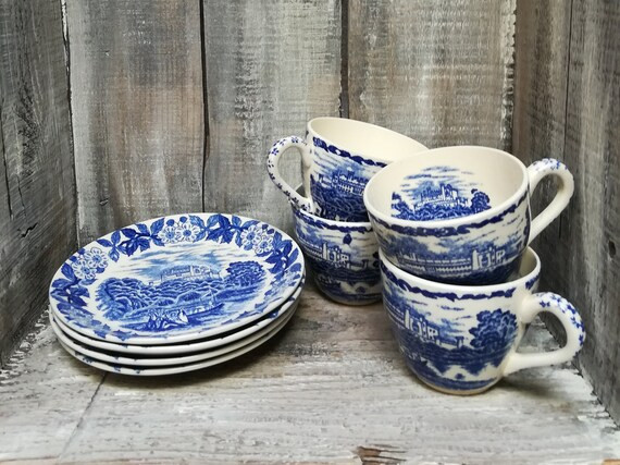 Set of Four Blue and White Transferware Vintage Tea Cups and Saucers with Castle Design, Made in ... | Etsy (US)