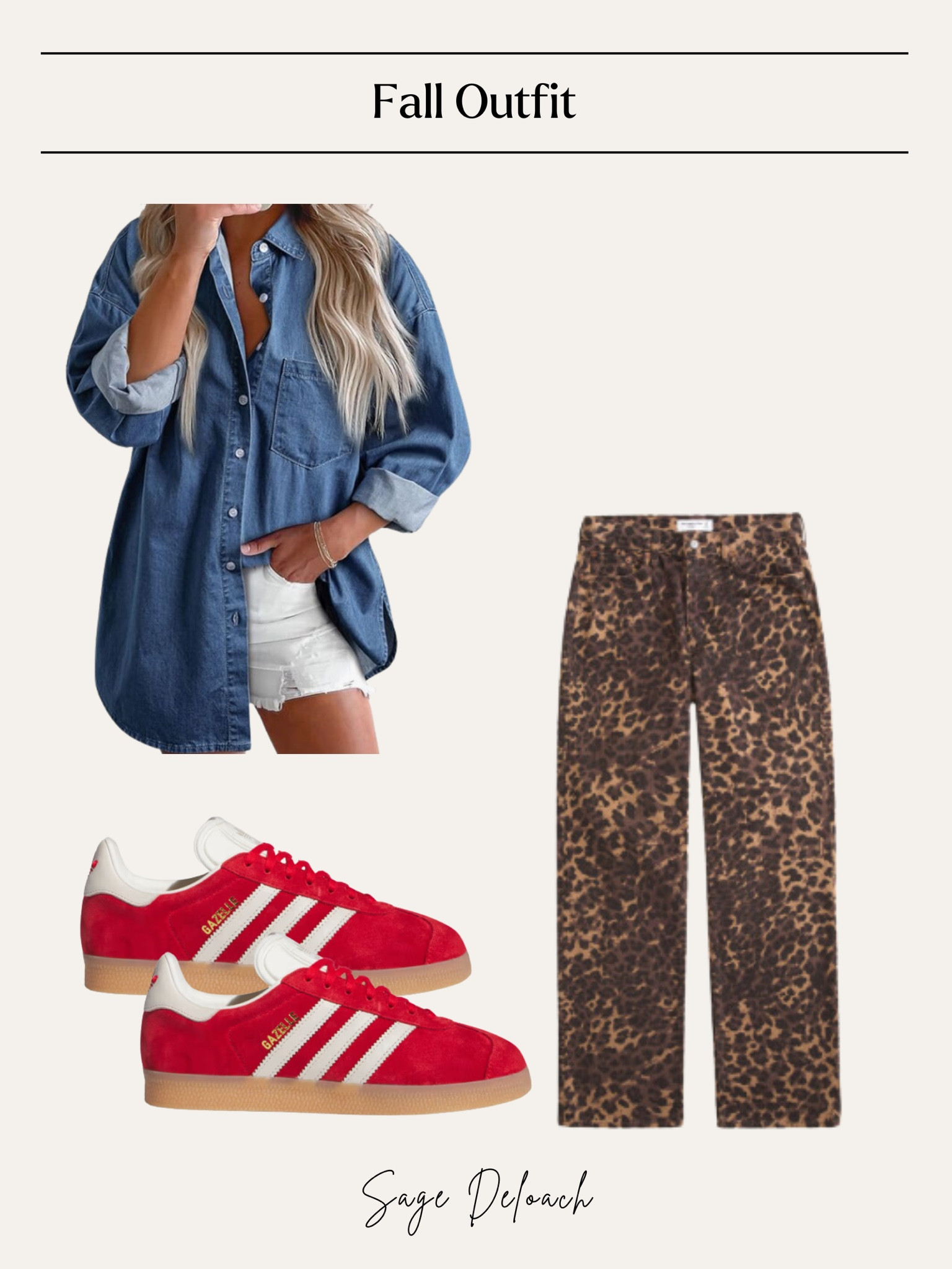Fall 2024 outfit, fall outfit, red sambas, chambray top, leopard jeans 