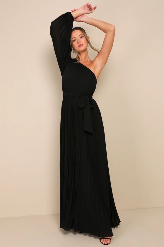 Divine Charm Black Pleated One-Shoulder Maxi Dress | Lulus (US)