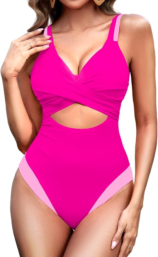 Zilcremo Women One Piece Swimsuit Cutout High Waisted Bathing Suit V Neck Color Block Criss Cross... | Amazon (US)