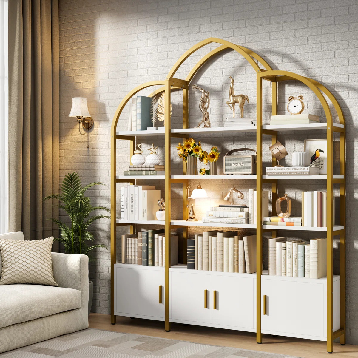 Triple Wide 5 Tier Tall Arched Bookshelf And Bookcase With 3 Cabinets, Industrial Metal Etagere O... | Wayfair North America