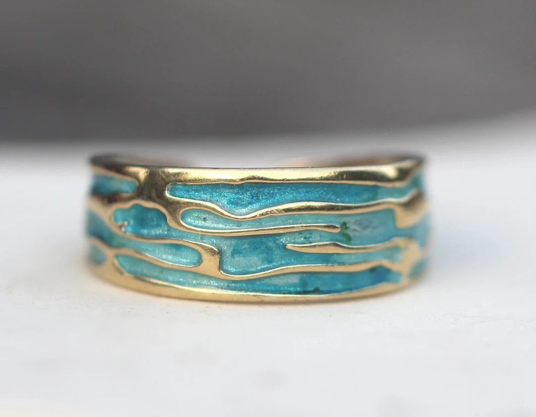 Ocean Ring. 18k Gold Plated Sterling Silver. Enamel in Shades of Turquoise. Unique Handmade Ring ... | Etsy (US)