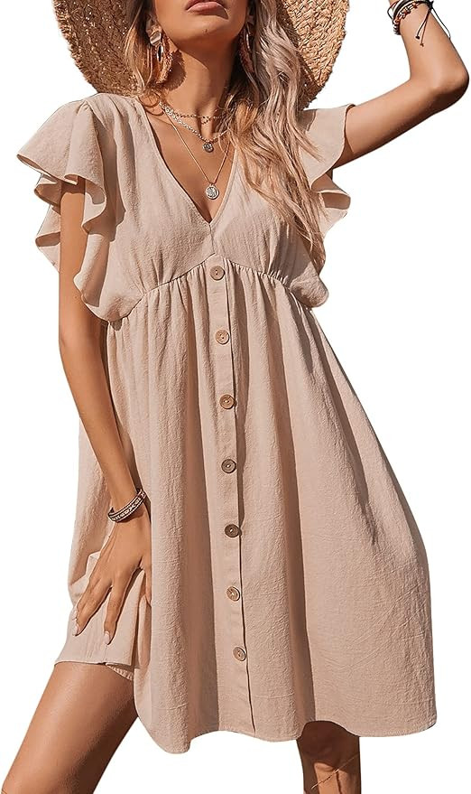 KOJOOIN Women's Ruffle Babydoll Dress Long/Short Sleeve V Neck High Waist Botton Casual Loose Flo... | Amazon (US)