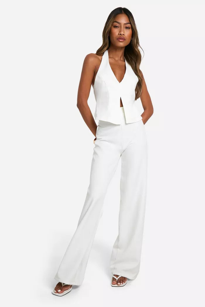 Plunge Front Open Back Fitted Waistcoat & Subtle Flared Tailored Trousers | Boohoo.com (UK & IE)