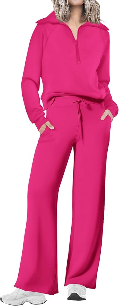 PRETTYGARDEN Women's 2 Piece Outfits Casual Lapel Half Zip Sweatshirts And Wide Leg Pants Tracksu... | Amazon (US)