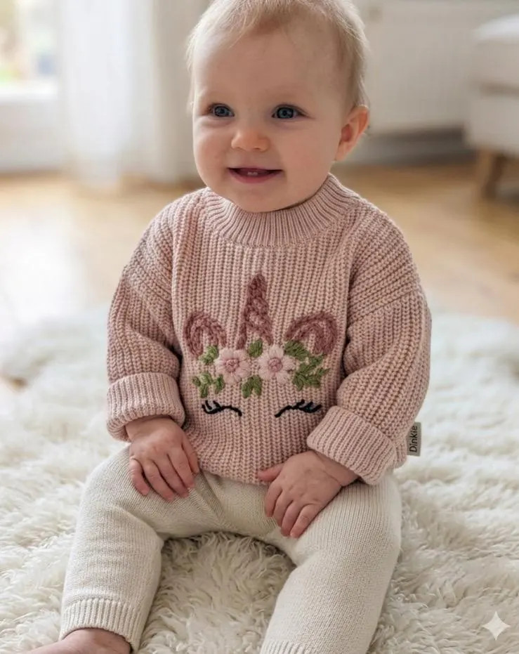 Girls Unicorn Knit Sweater | Hand-Embroidered Floral Face, 100% Cotton, 6-12 Months | Etsy (Global)