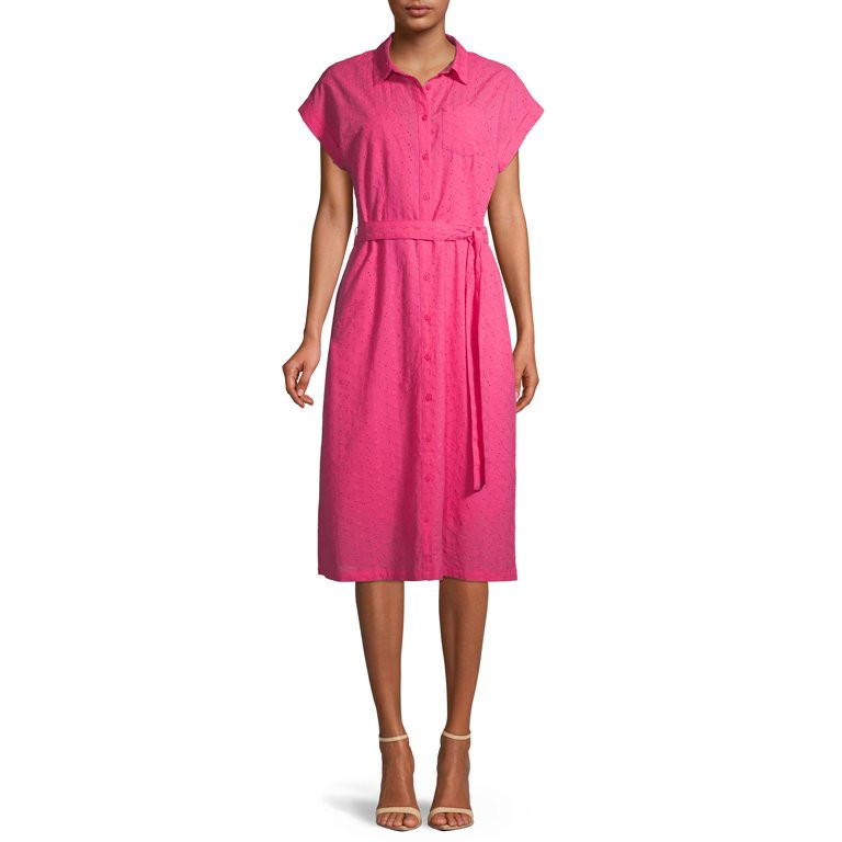 Time and Tru Women's Eyelet Belted Midi Shirt Dress | Walmart (US)