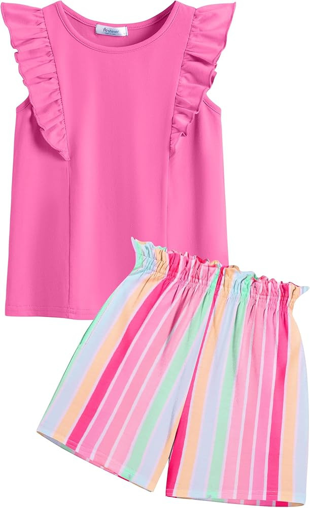 Arshiner Girls Clothes Summer Outfits Ruffle Sleeve Tops and Paperbag Waist Shorts with Pockets K... | Amazon (US)