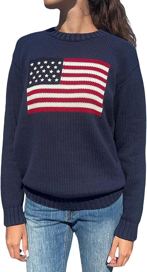Luckinbaby American Flag Sweater for Women Striped Star Sweaters USA Sweatshirt Patriotic Knitted... | Amazon (US)