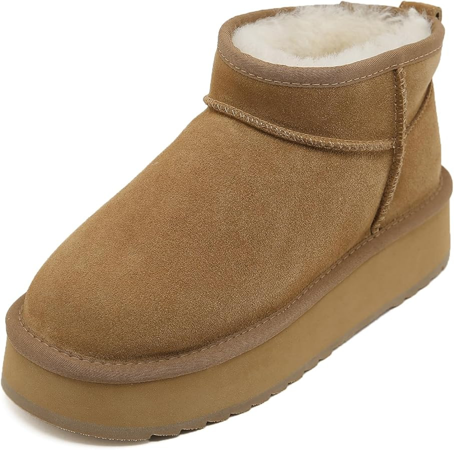 Mel&Syd 100% Sheepskin Mini Plaftform Boots: Comfy Memory Foam & Anti-Slip Rubber Winter Short An... | Amazon (US)