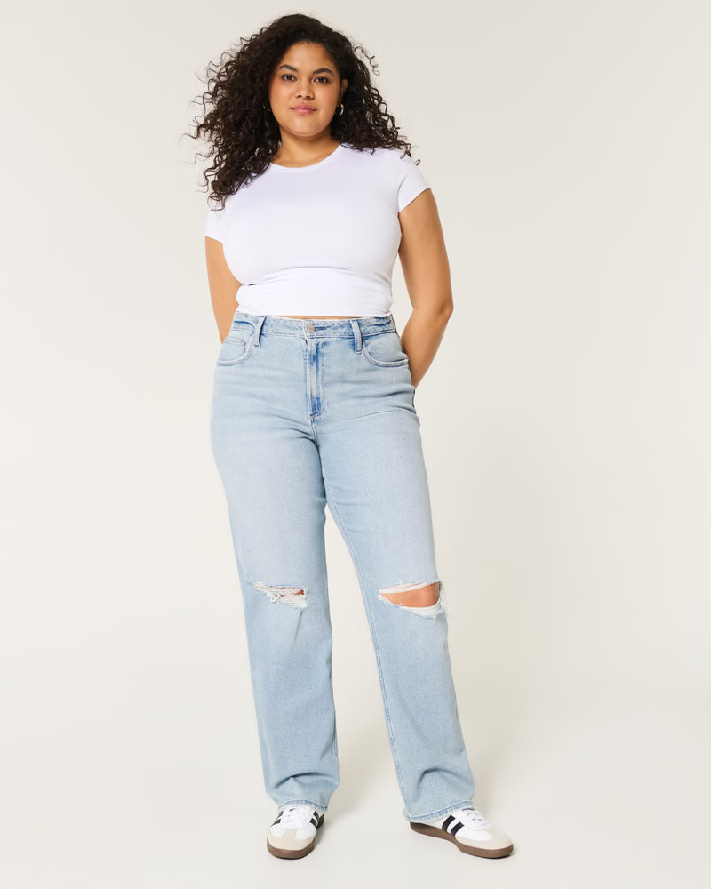 Curvy Ultra High-Rise Ripped Light Wash Dad Jeans | Hollister (US)