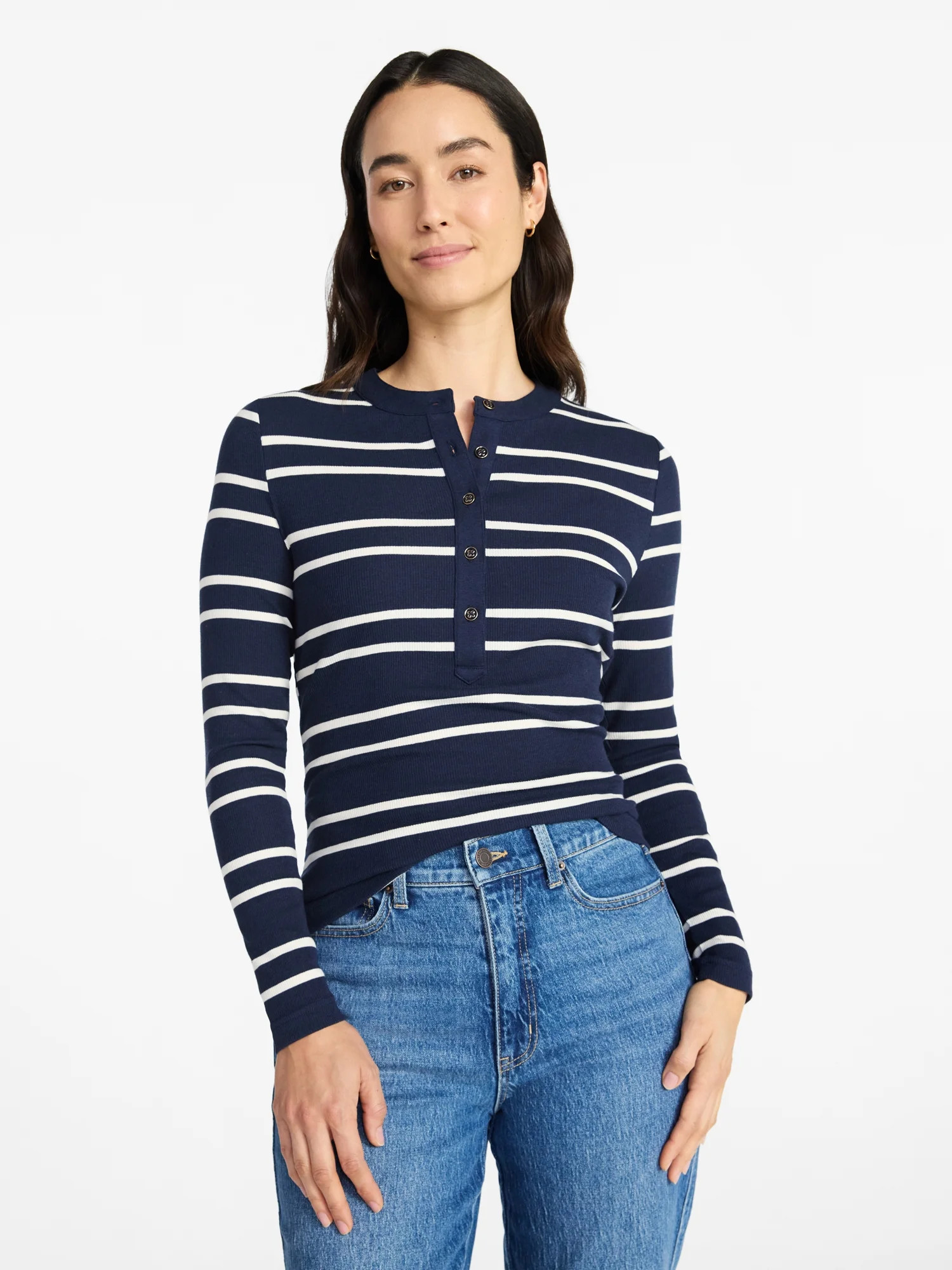 Time and Tru Women's Striped Henley with Long Sleeves, Sizes XS-XXXL | Walmart (US)