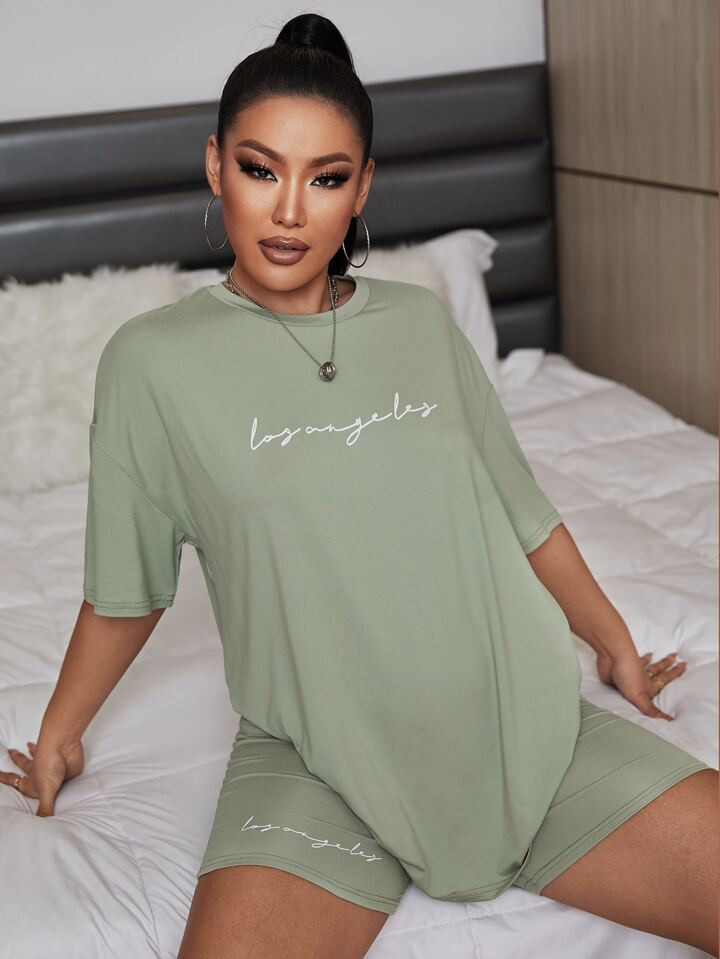 SHEIN EZwear Letter Graphic Drop Shoulder Tee With Biker Shorts | SHEIN