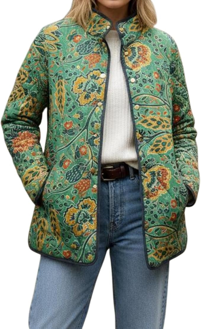 ATOPRT Women's Boho Printed Quilted Puffer Jacket Spring Casual Lightweight Vintage Stand Collar ... | Amazon (US)