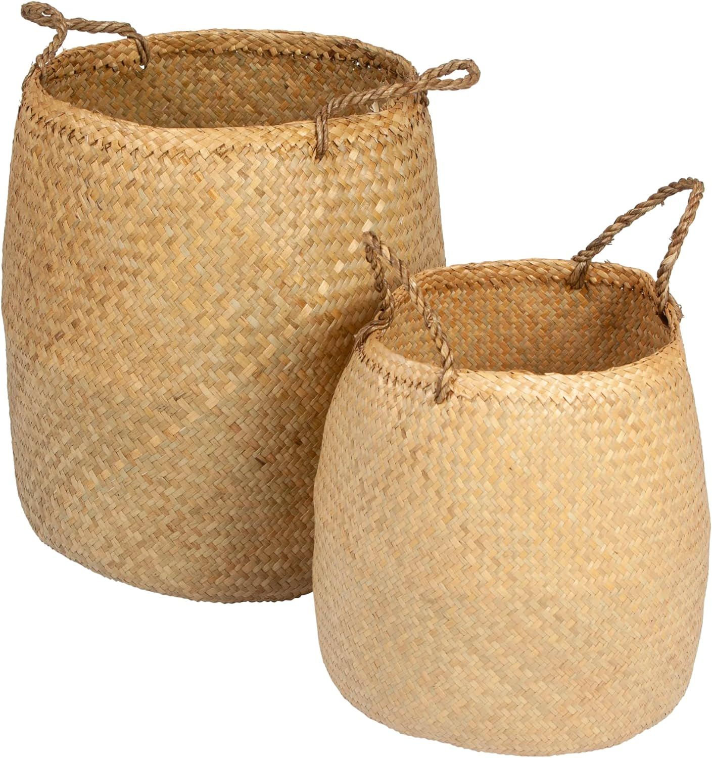 Creative Co-Op Beige Woven Seagrass Basket with Handles (Set of 2 Sizes) | Amazon (US)